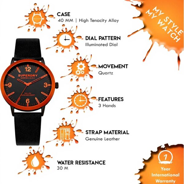 Superdry Orologio Uomo Pelle Nera Quadrante Arancione