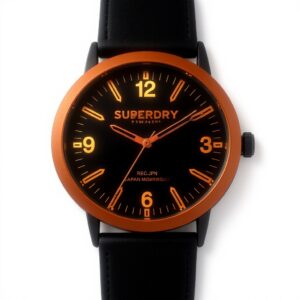 Superdry Orologio Uomo Pelle Nera Quadrante Arancione